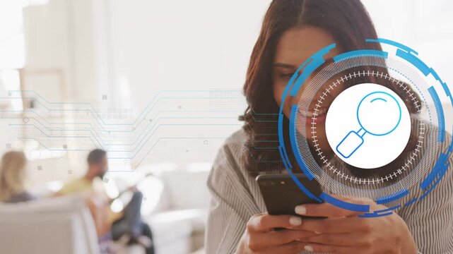 Woman tapping smartphone, causing HUD lens animating over phone, analyzing data for tech designers