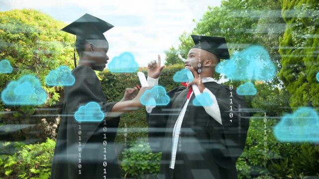 Two graduates tapping diplomas after cloud overlay appearing, shaking hands, celebrating education