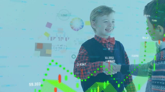 Two boys starting handshake after hand reaching in, greeting while finance charts overlaying torsos