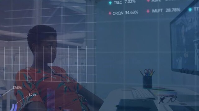 Woman analyst rubbing temples and covering face at desk, finance charts over screen raising stress