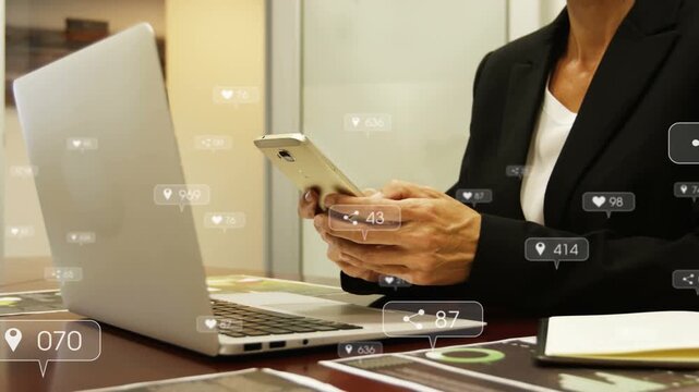 Female exec tapping phone in meeting and monitoring social likes shares pins overlaying devices