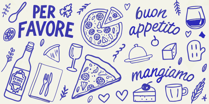 hand drawn illustration of italian food items with phrases on cream background high quality professional