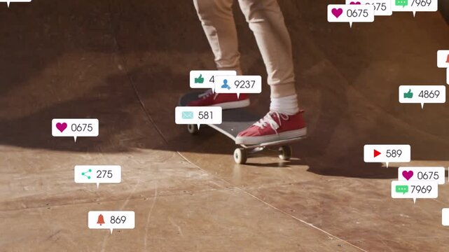 Female skateboarder rolling board on ramp, generating animated social bubbles gaining engagement