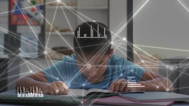 Vertical video: Reading boy in blue tee leaning at desk, overlay appearing, head lowering onto book
