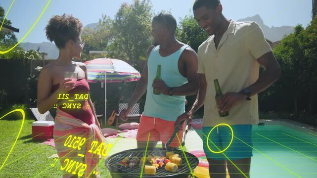 3 friends standing by charcoal grill, flipping skewers and chatting after umbrella motion, cooking