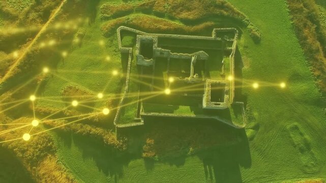 Animated network starting at left path spreading over ruined castle, visualizing geospatial links