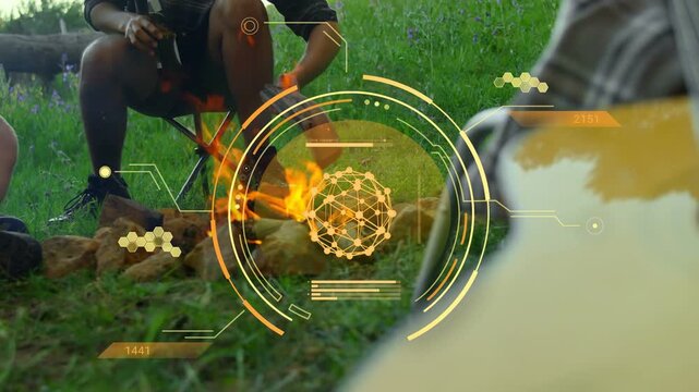 Pulsing HUD urging man tending fire, stoking logs to keep flames, HUD tracking fire, camping guitar