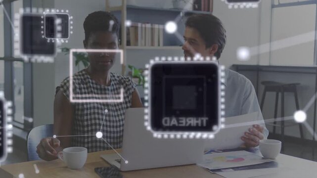Vertical video: Animating overlay drawing pair in plaid top and light shirt comparing laptop charts