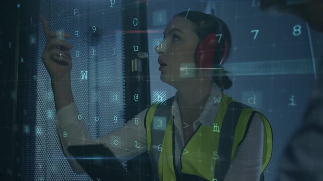 Woman tech starting scan on tablet in rack overlays escalating to CYBER ATTACK pointing responding