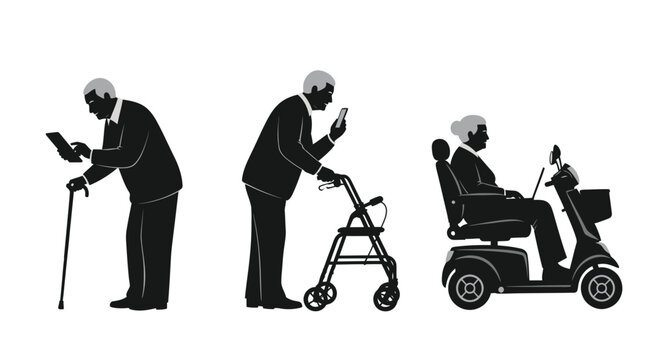 Seniors use modern technology and mobility aids.