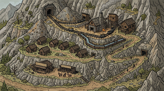 Vintage hand-drawn mountain gold mine illustration, isometric wild west mining town vector, rustic settlement with mine shafts and wooden cabins
