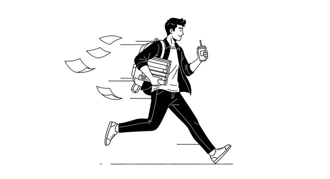 Young student running with books and coffee