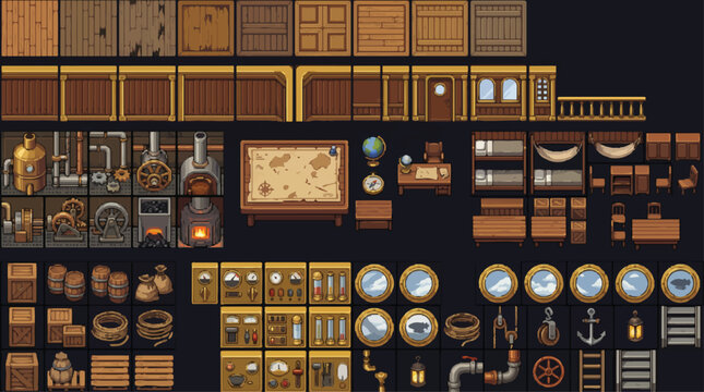 Pixel art ship interior tileset, vintage nautical game assets with wooden cabin furniture, steampunk engine room and maritime navigation elements