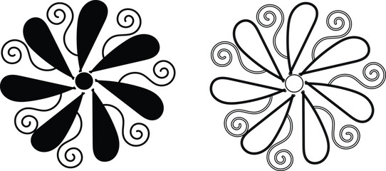 Obraz premium Abstract floral mandala vector elements with swirls and teardrop petals in minimalist black and white style