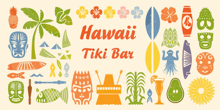 hawaii tiki bar themed vector illustration with colorful icons and tropical elements high quality professional