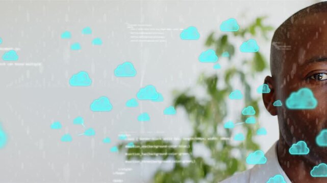 Man smiling while cyan cloud icons emerging from left overlaying face, showing cloud tech