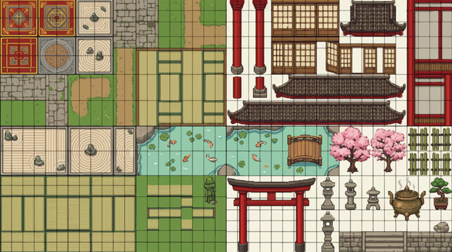 Japanese RPG map tileset, pixel art game assets for top-down environment design, oriental garden and temple building elements, traditional architecture sprites
