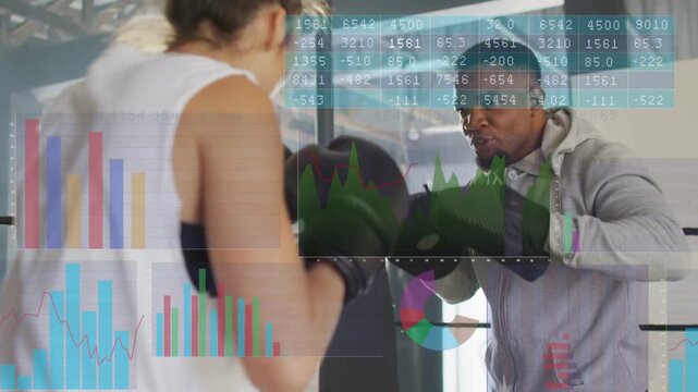 Female boxer throwing combos in ring toward coach after coach cue, animated charts tracking timing