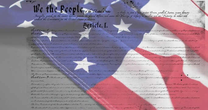 Displaying US flag overlaying Constitution page in close-up showing We header Article I