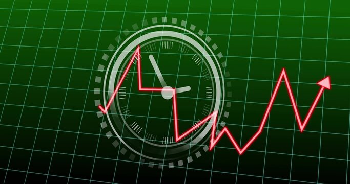 Showing central analog clock with white hands and ticks on green grid, neon-red jagged line glowing