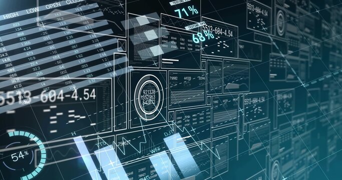 Displaying hologram dashboard floating in analytics space, showing panels, gauges, charts