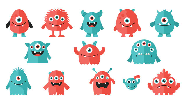 Large group of colorful and funny monsters with various shapes eyes and horns in cheerful flat vector illustration for kids and games.