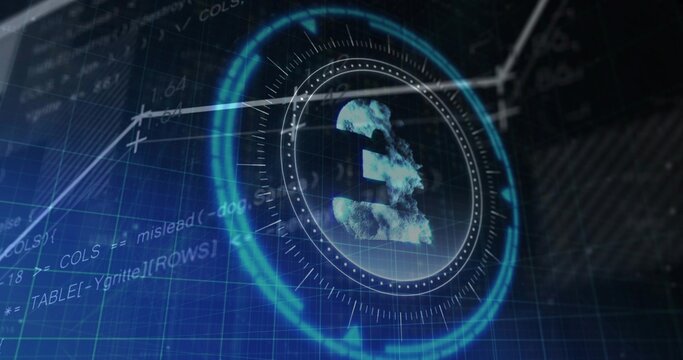 Showing digital British pound symbol rotating inside circular HUD on fintech dashboard, copy space