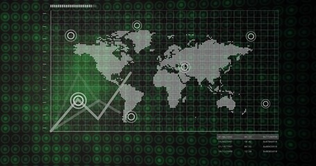 Naklejka premium Displaying gridded panel showing dotted world map and rising chart on green field with targets