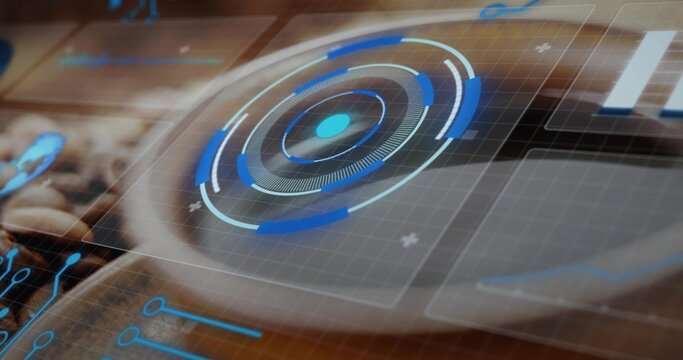 Projecting holographic UI over ceramic cup on saucer on tabletop with coffee beans, blurred device