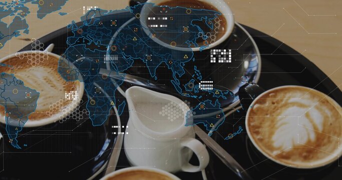 Displaying black round tray holding four cups on wood table, creamer, two-teaspoons, blue HUD map