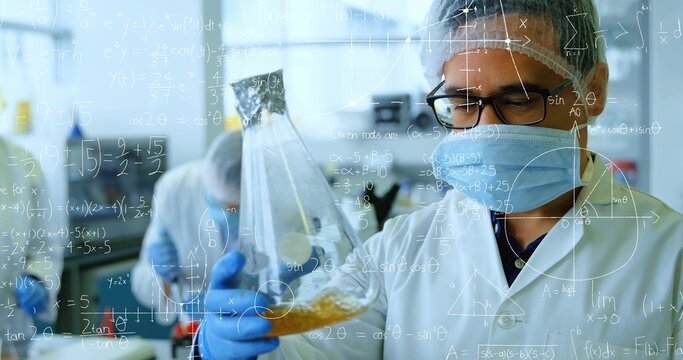 Tech in PPE, blue nitrile gloves inspecting conical flask with yellow liquid in lab, math overlays