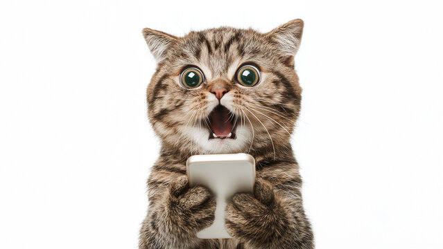 Shocked tabby kitten with green eyes and open mouth holding smartphone on white background with copy space  center alignment