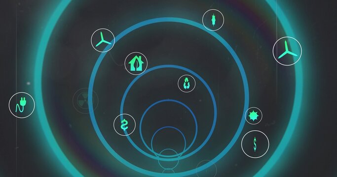 Displaying concentric teal rings on HUD, showing energy, recycling, finance, user, sun icons