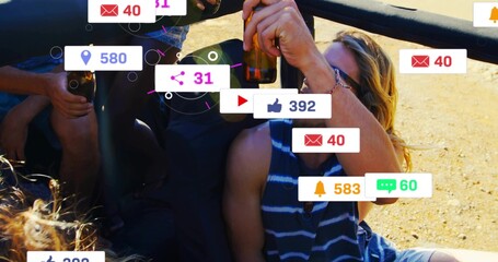 Central female wearing striped top sunglasses sipping brown bottle in jeep with notification counts © vectorfusionart