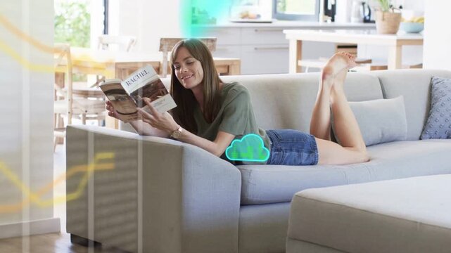 Lady reclining on sofa reading mag as scene HUD appearing left, teal clouds drifting showing tech