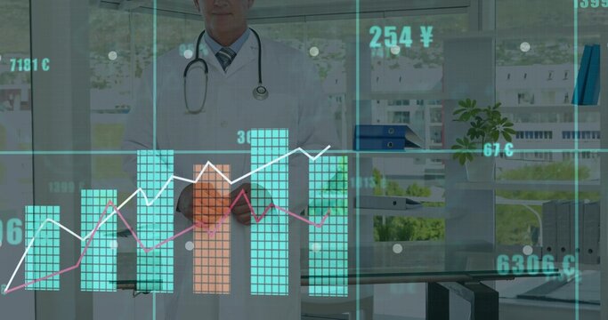 Standing physician wearing lab coat, tie, stethoscope viewing translucent bar-line charts in clinic