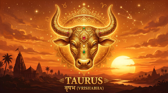 Vrishabha Sankranti &ndash; Sun Transit into Taurus, Sacred Bull Zodiac, Hindu Astrology Festival Art