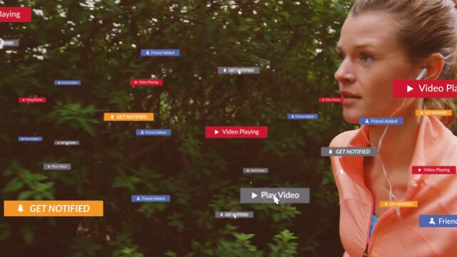 Woman running path in coral zip earbuds cursor selecting badges spawning fitness alerts around her