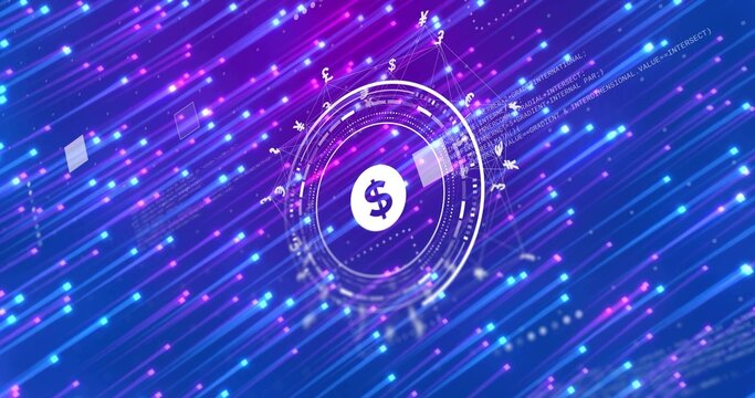 Displaying fintech HUD pulsing with dollar sign, concentric rings, code panels in virtual network