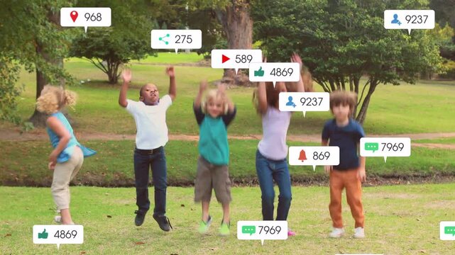 Group of five kids jumping in park, social badges appearing overlapping them and showing engagement