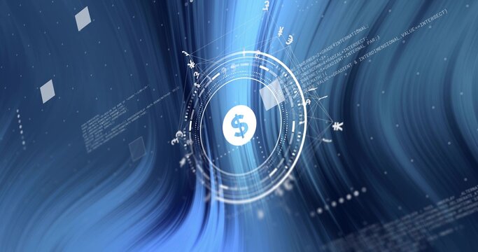 Pulsing central HUD emitting dollar sign in fintech dashboard, with currency symbols and code lines
