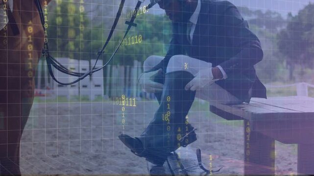 Male equestrian placing foot in stirrup, swinging leg over horse to ride, binary grid over saddle