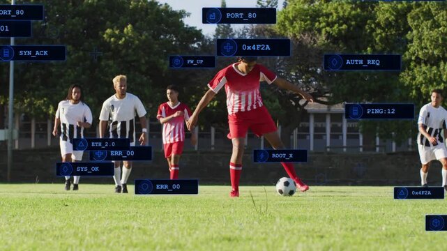 Red kit striker initiating close control and sprinting to break defense, blue HUD tracking ball