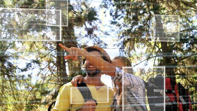 Woman raising arm and pointing, man turning head to scout trail, panels overlaying travel grid