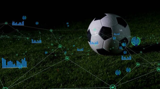 Soccer ball sitting on turf while HUD intensifying, foot nudging ball rolling right revealing data