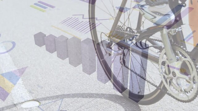 Female cyclist pushing down with cleated shoe, overlaying charts on drivetrain for sports analytics