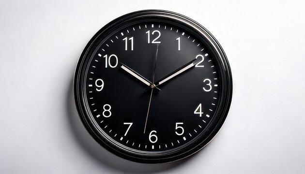 Black analog clock displaying time on a white wall, perfect for timekeeping and scheduling.
