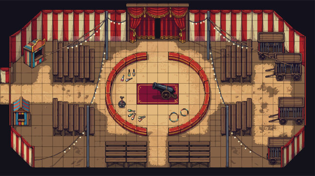 Pixel art circus tent interior with arena ring, retro carnival big top stage for game design, vintage circus arena with bleachers and cannon