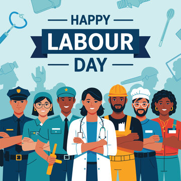 Happy Labour Day flat illustration featuring a diverse group of essential workers including a doctor, nurse, police officer, chef, and construction worker on a light blue background.