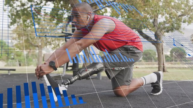 Athlete checking wrist, kneeling stretch with prosthetic leg preparing run fitness HUD overlaying